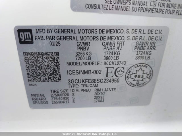 Aukcja sprzedaży 2025 Chevrolet Silverado 1500, vin: 3GCUKFE88SG234950, numer aukcji: 12592121