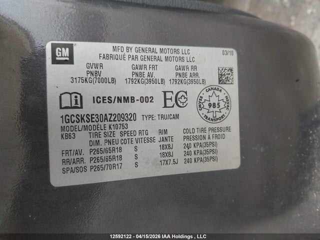 Продаж на аукціоні авто 2010 Chevrolet Silverado K1500 Lt, vin: 1GCSKSE30AZ209320, номер лоту: 12592122