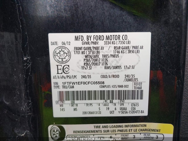 Продажа на аукционе авто 2012 Ford F150 Supercrew, vin: 1FTFW1EF0CFC05508, номер лота: 12592125