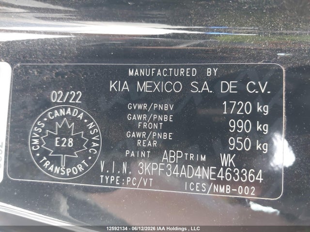 12592134 :رقم المزاد ، 3KPF34AD4NE463364 vin ، 2022 Kia Forte Ex/ex Premium/ex+/gt-line مزاد بيع