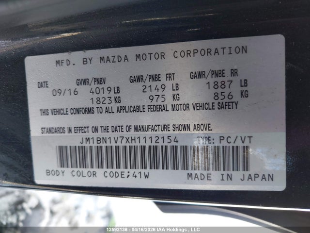 12592136 :رقم المزاد ، JM1BN1V7XH1112154 vin ، 2017 Mazda 3 Touring مزاد بيع