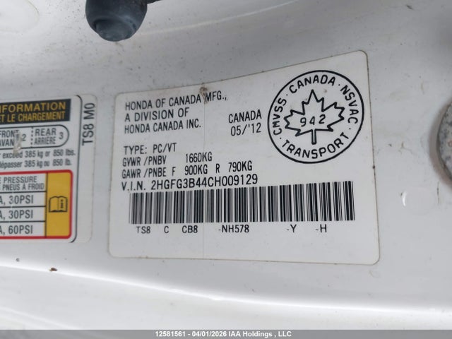 2012 Honda Civic Lx მანქანა იყიდება აუქციონზე, vin: 2HGFG3B44CH009129, აუქციონის ნომერი: 12581561
