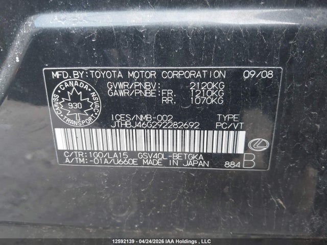 2009 Lexus Es 350 350 მანქანა იყიდება აუქციონზე, vin: JTHBJ46G292282692, აუქციონის ნომერი: 12592139
