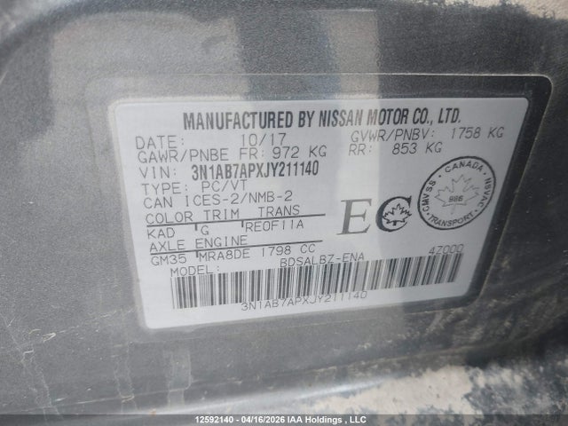 3N1AB7APXJY211140 Nissan Sentra 1.8 S/1.8 Sv/1.8 Sv Midnight Edition