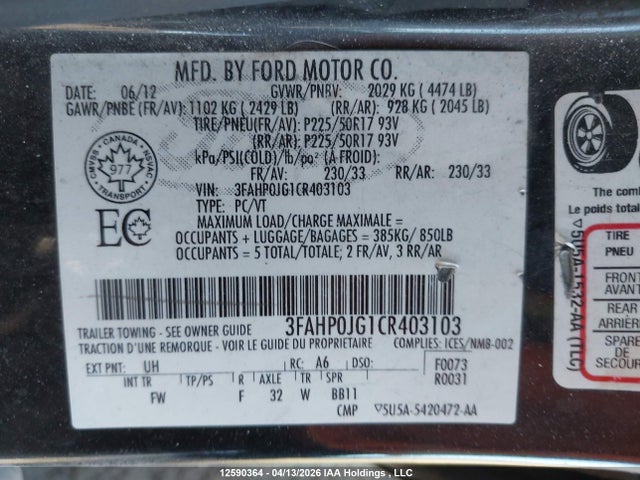 Продаж на аукціоні авто 2012 Ford Fusion Sel, vin: 3FAHP0JG1CR403103, номер лоту: 12590364