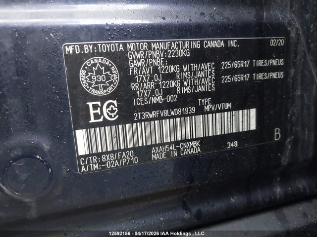 2T3RWRFV8LW081939 Toyota Rav4 Hybrid Xle