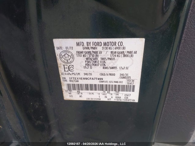 Продажа на аукционе авто 2012 Ford F-150 Xlt, vin: 1FTEX1EM9CFA77499, номер лота: 12592157