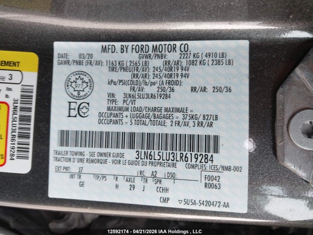 3LN6L5LU3LR619284 Lincoln Mkz Hybrid Reserve