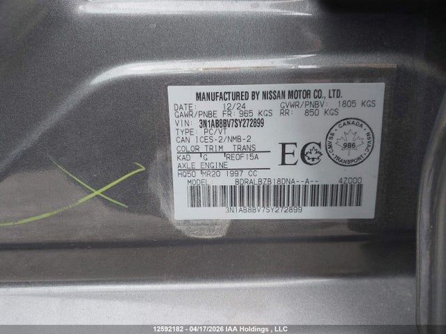 2025 Nissan Sentra S მანქანა იყიდება აუქციონზე, vin: 3N1AB8BV7SY272899, აუქციონის ნომერი: 12592182