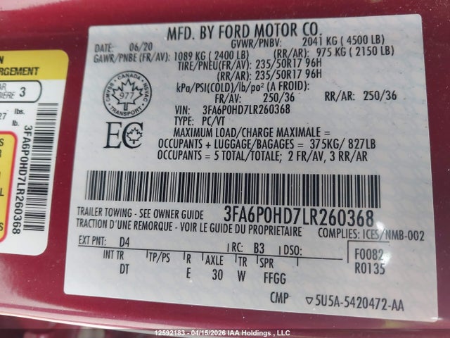 Продажа на аукционе авто 2020 Ford Fusion Se, vin: 3FA6P0HD7LR260368, номер лота: 12592183