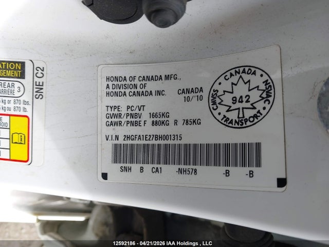 12592186 :رقم المزاد ، 2HGFA1E27BH001315 vin ، 2011 Honda Civic Dx مزاد بيع