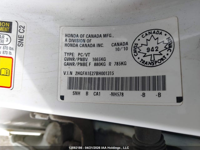 12592186 :رقم المزاد ، 2HGFA1E27BH001315 vin ، 2011 Honda Civic Dx مزاد بيع