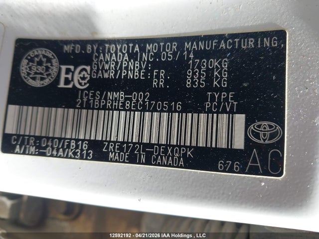 12592192 :رقم المزاد ، 2T1BPRHE8EC170516 vin ، 2014 Toyota Corolla Eco/eco Plus/eco Premium مزاد بيع
