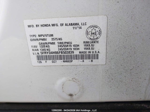 Продажа на аукционе авто 2015 Acura Mdx, vin: 5FRYD4H86FB503839, номер лота: 12592205
