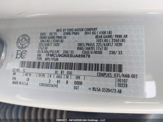 Aukcja sprzedaży 2025 Ford Escape Active, vin: 1FMCU9GNXSUA89879, numer aukcji: 12592211