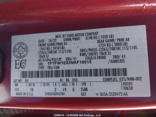 Продажа на аукционе авто 2022 Ford F-150 Xlt, vin: 1FTFW1E83NKF18015, номер лота: 12500418