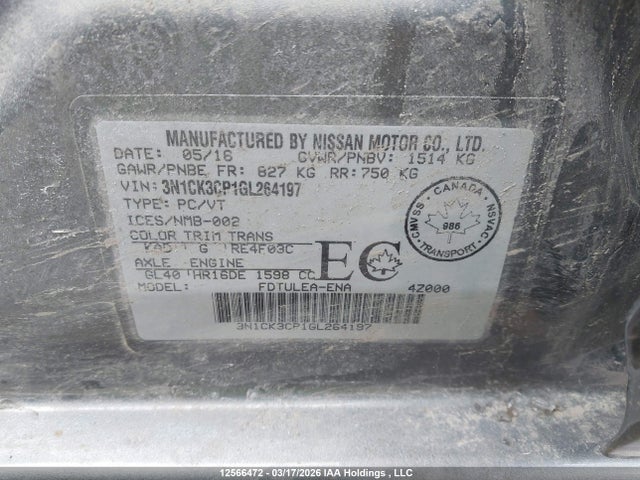 12566472 :رقم المزاد ، 3N1CK3CP1GL264197 vin ، 2016 Nissan Micra S/sr/sv مزاد بيع