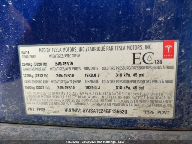 12592215 :رقم المزاد ، 5YJSA1E24GF136620 vin ، 2016 Tesla Model S مزاد بيع