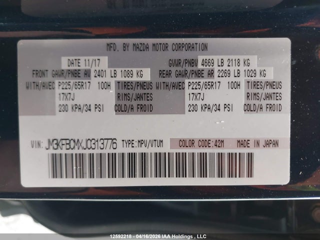 12592218 :رقم المزاد ، JM3KFBCMXJ0313776 vin ، 2018 Mazda Cx-5 Gs مزاد بيع