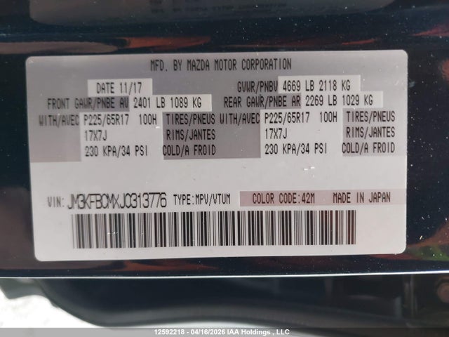 12592218 :رقم المزاد ، JM3KFBCMXJ0313776 vin ، 2018 Mazda Cx-5 Gs مزاد بيع