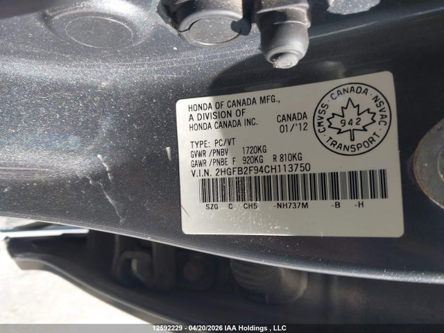 Aukcja sprzedaży 2012 Honda Civic Ex-l, vin: 2HGFB2F94CH113750, numer aukcji: 12592229