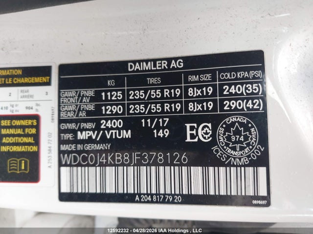 WDC0J4KB8JF378126 Mercedes-Benz Glc 300 Coupe 4matic