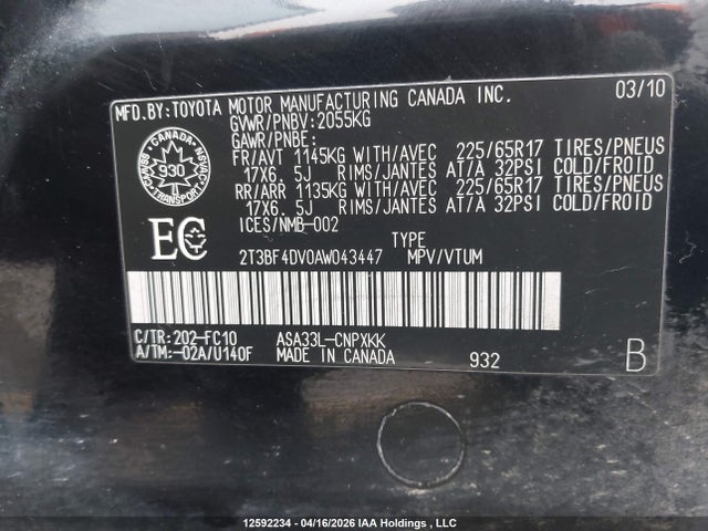 12592234 :رقم المزاد ، 2T3BF4DV0AW043447 vin ، 2010 Toyota Rav4 مزاد بيع