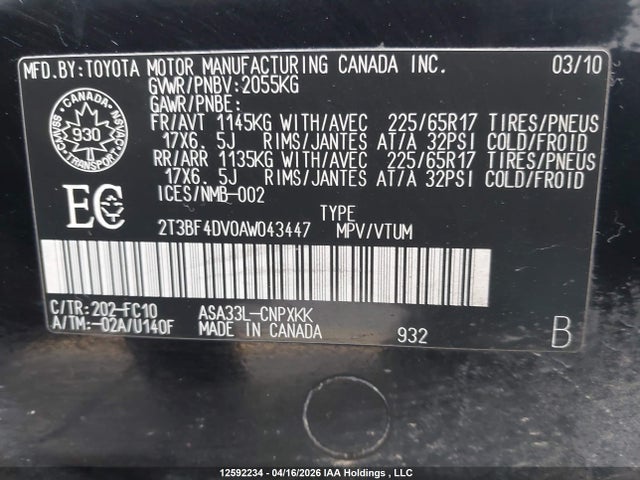 12592234 :رقم المزاد ، 2T3BF4DV0AW043447 vin ، 2010 Toyota Rav4 مزاد بيع