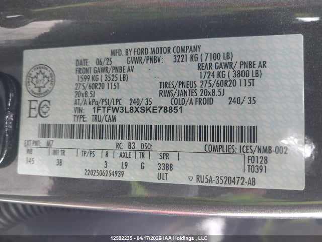 Aukcja sprzedaży 2025 Ford F-150 Xlt, vin: 1FTFW3L8XSKE78851, numer aukcji: 12592235