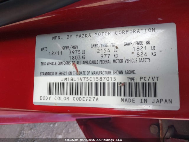 Aukcja sprzedaży 2012 Mazda Mazda3 Gs-sky, vin: JM1BL1V75C1587015, numer aukcji: 12592239