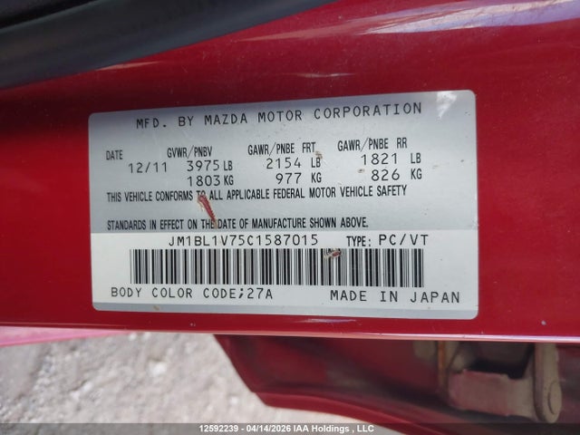 Aukcja sprzedaży 2012 Mazda Mazda3 Gs-sky, vin: JM1BL1V75C1587015, numer aukcji: 12592239