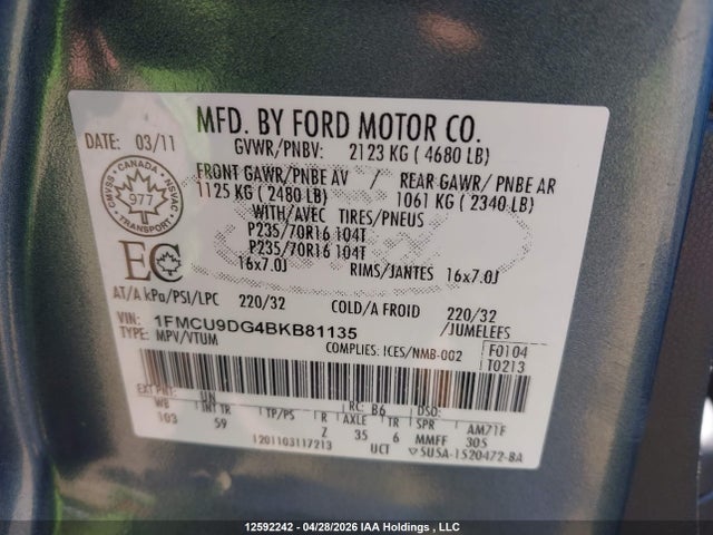 12592242 :رقم المزاد ، 1FMCU9DG4BKB81135 vin ، 2011 Ford Escape Xlt مزاد بيع