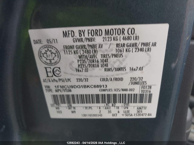 Продажа на аукционе авто 2011 Ford Escape Xlt, vin: 1FMCU9DG1BKC68913, номер лота: 12592243