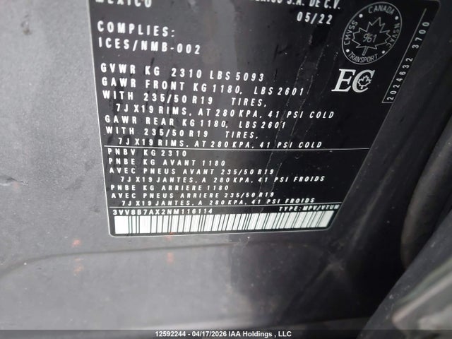 Aukcja sprzedaży 2022 Volkswagen Tiguan Comfortline R-line Black Edition, vin: 3VV8B7AX2NM116114, numer aukcji: 12592244