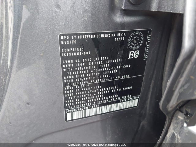Aukcja sprzedaży 2022 Volkswagen Tiguan Comfortline R-line Black Edition, vin: 3VV8B7AX2NM116114, numer aukcji: 12592244