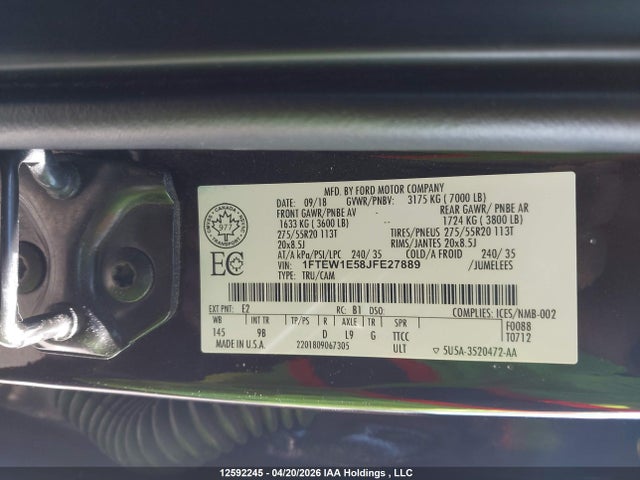 Продаж на аукціоні авто 2018 Ford F-150 Platinum, vin: 1FTEW1E58JFE27889, номер лоту: 12592245