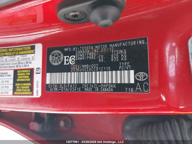 2012 Toyota Matrix მანქანა იყიდება აუქციონზე, vin: 2T1KU4EE6CC812115, აუქციონის ნომერი: 12577981