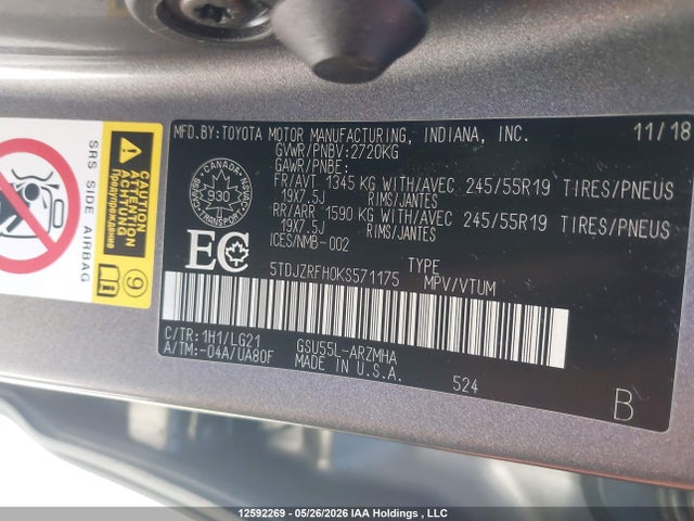 Aukcja sprzedaży 2019 Toyota Highlander Se/xle, vin: 5TDJZRFH0KS571175, numer aukcji: 12592269