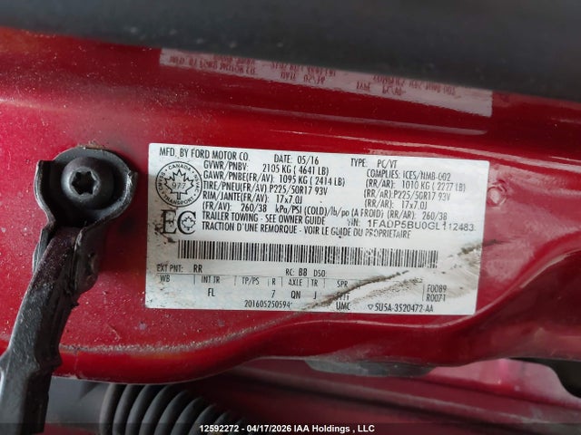 12592272 :رقم المزاد ، 1FADP5BU0GL112483 vin ، 2016 Ford C-max Sel مزاد بيع