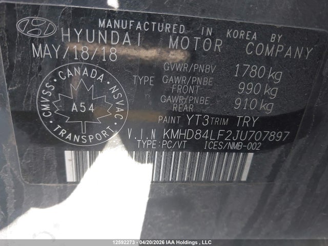 KMHD84LF2JU707897 Hyundai Elantra Sel/value/limited