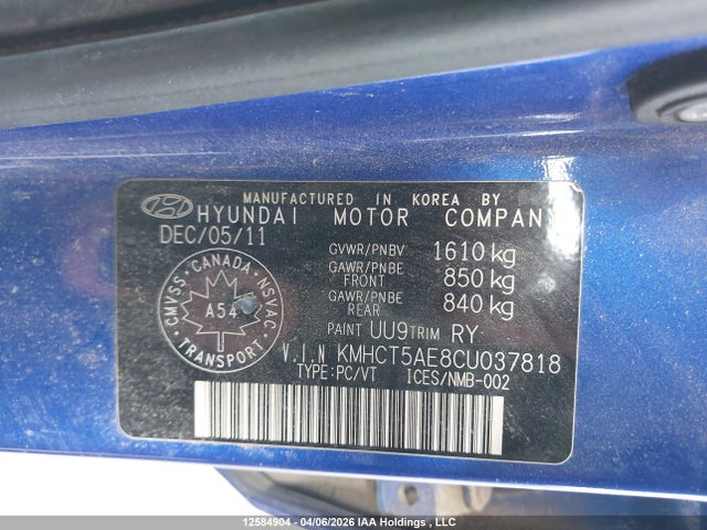 Продажа на аукционе авто 2012 Hyundai Accent Gl, vin: KMHCT5AE8CU037818, номер лота: 12584904