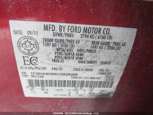 2012 Ford Explorer Xlt მანქანა იყიდება აუქციონზე, vin: 1FMHK8D89CGA26289, აუქციონის ნომერი: 12540286