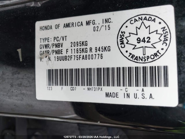 2015 Acura Tlx V6 Elite მანქანა იყიდება აუქციონზე, vin: 19UUB2F75FA800776, აუქციონის ნომერი: 12572773