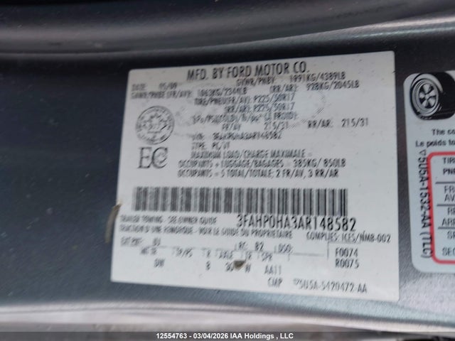 2010 Ford Fusion Se მანქანა იყიდება აუქციონზე, vin: 3FAHP0HA3AR148582, აუქციონის ნომერი: 12554763