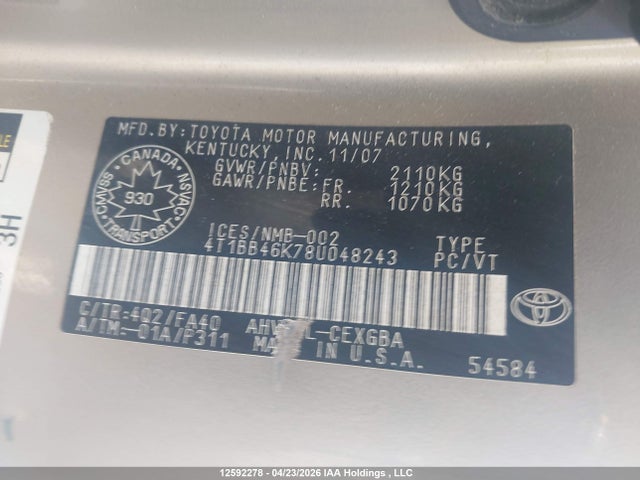 12592278 :رقم المزاد ، 4T1BB46K78U048243 vin ، 2008 Toyota Camry Hybrid مزاد بيع