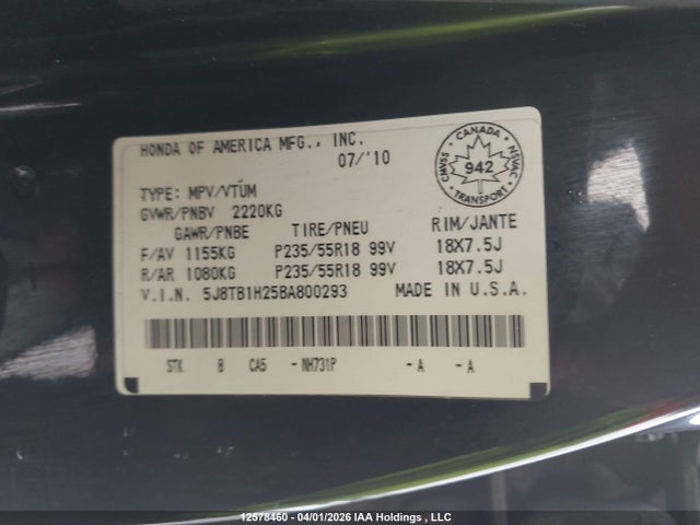 12578460 :رقم المزاد ، 5J8TB1H25BA800293 vin ، 2011 Acura Rdx مزاد بيع