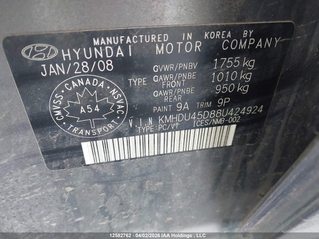2008 Hyundai Elantra Gl/gls/gls Sport/limited მანქანა იყიდება აუქციონზე, vin: KMHDU45D88U424924, აუქციონის ნომერი: 12582762