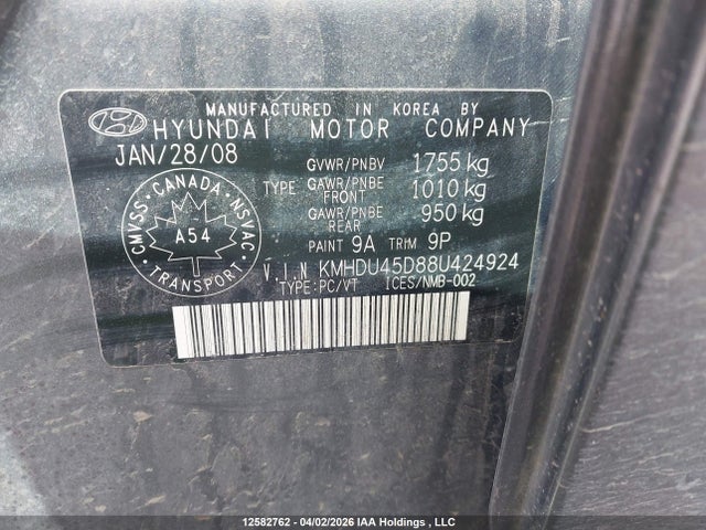 2008 Hyundai Elantra Gl/gls/gls Sport/limited მანქანა იყიდება აუქციონზე, vin: KMHDU45D88U424924, აუქციონის ნომერი: 12582762