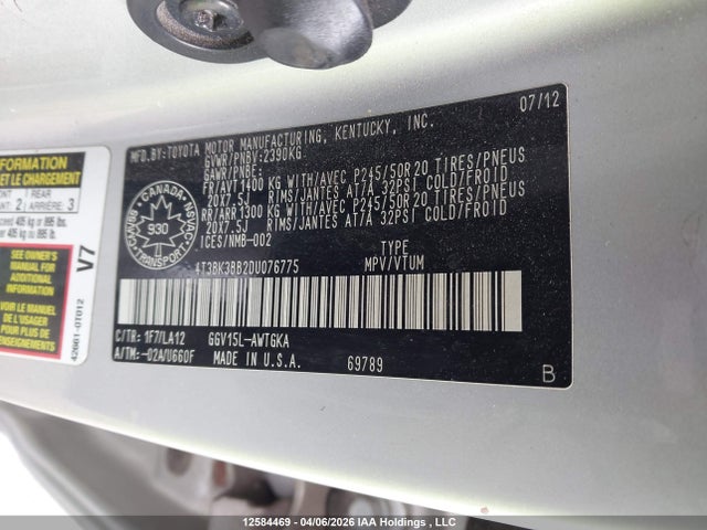 12584469 :رقم المزاد ، 4T3BK3BB2DU076775 vin ، 2013 Toyota Venza Base V6 مزاد بيع