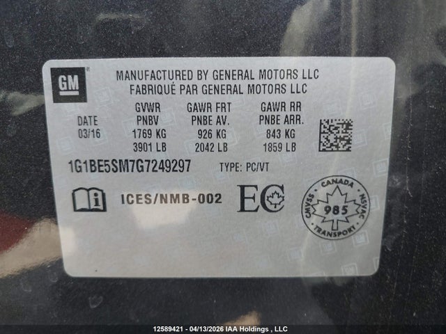 1G1BE5SM7G7249297 Chevrolet Cruze Lt Auto